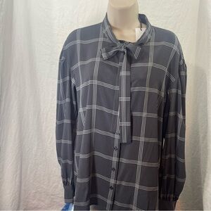 Calvin Klein Womens Windowpane Tie-Neck Blouse size 8. NWT.